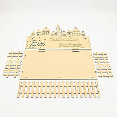 Wooden Eid Mubarak decorative item with lattice design on a white background