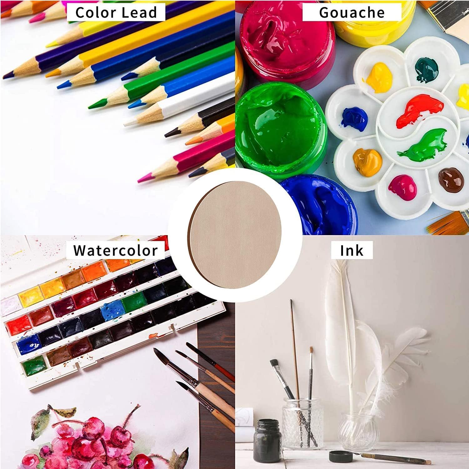 Collage of art supplies including color lead pencils, gouache paints, watercolor sets, and ink with brushes.