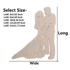 Wooden cutout of a couple with dimensions listed on a white background