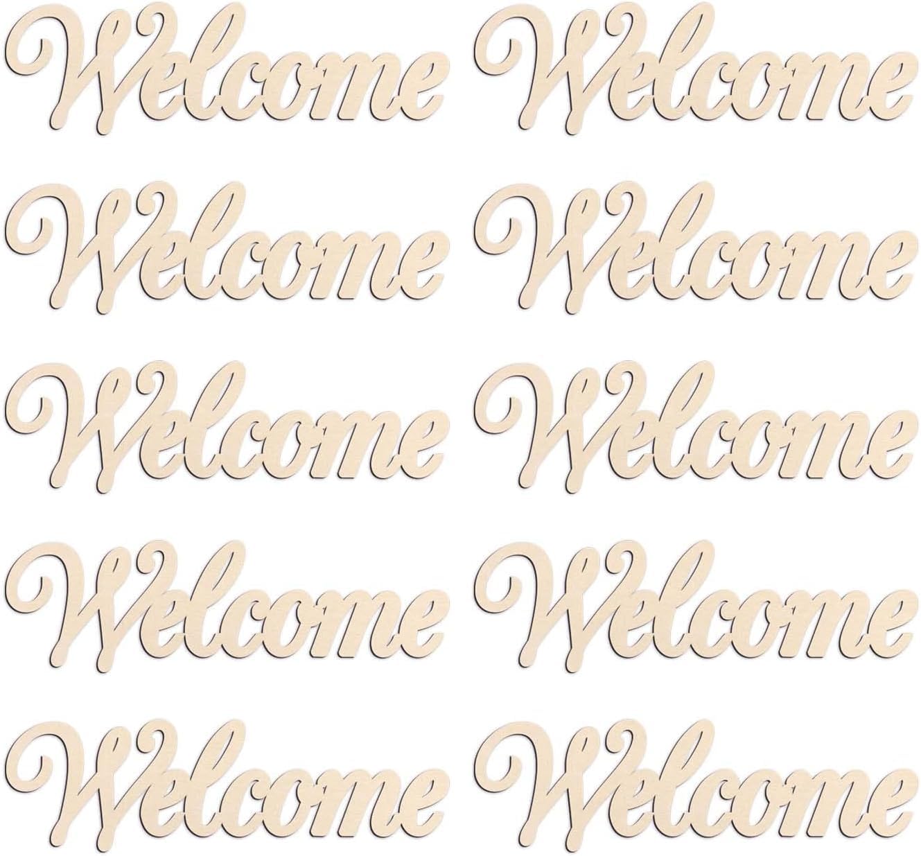 Wooden 'Welcome' signs in various orientations