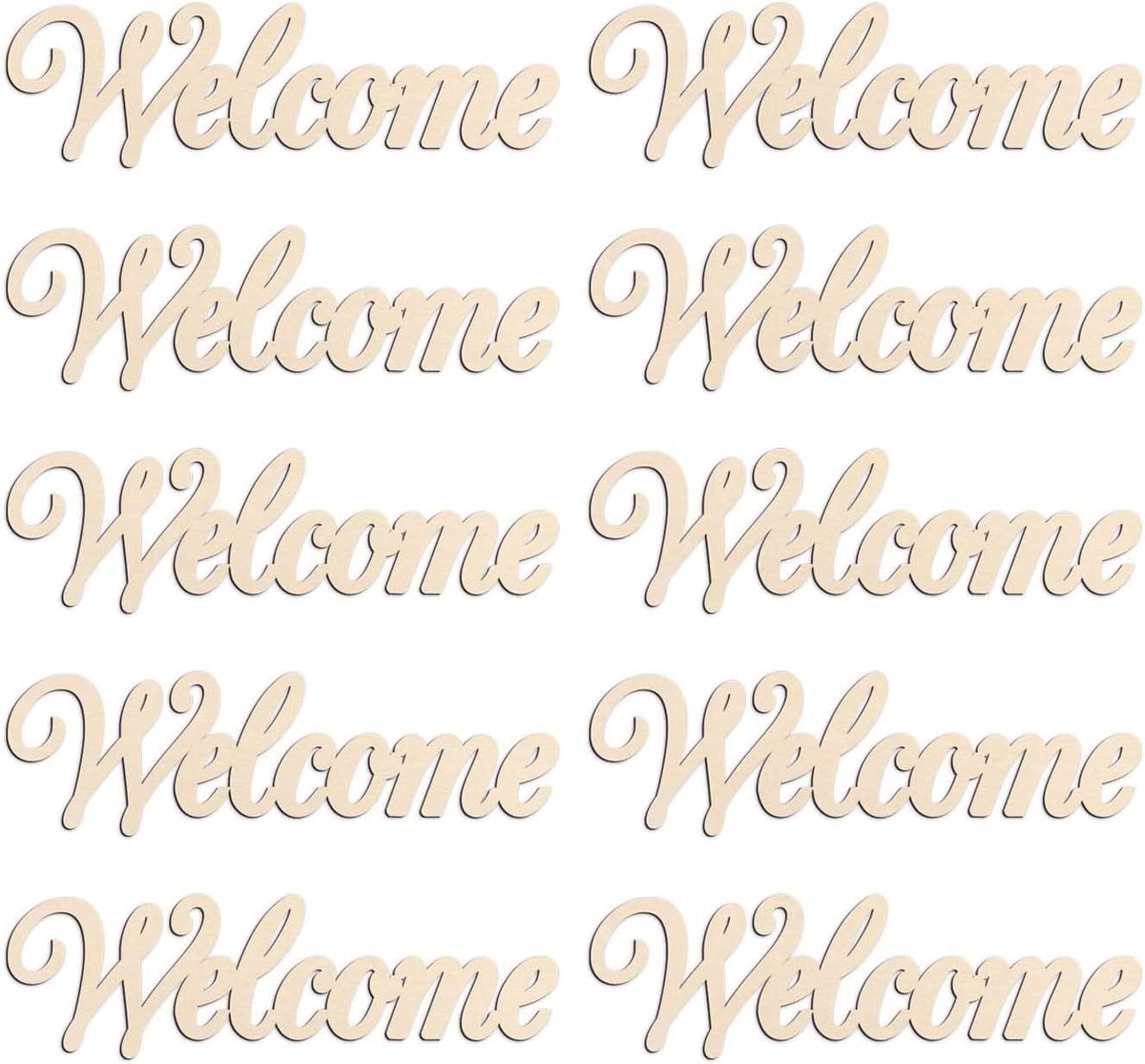Wooden 'Welcome' signs in various orientations
