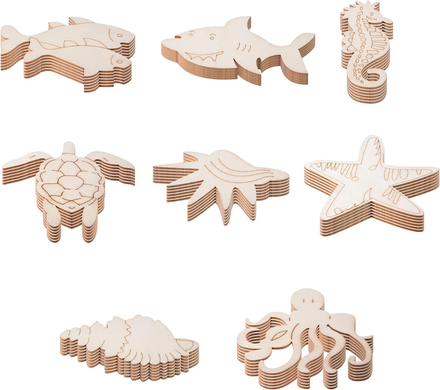 Set of wooden sea creature puzzles on a white background