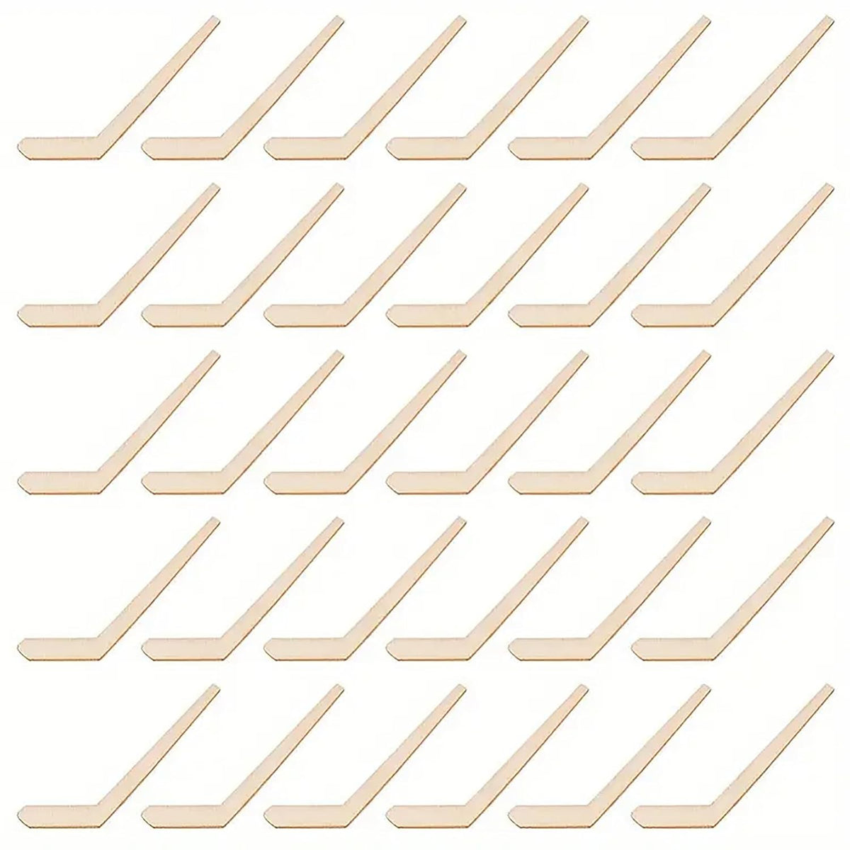 Set of wooden hockey sticks arranged in a grid on a white background