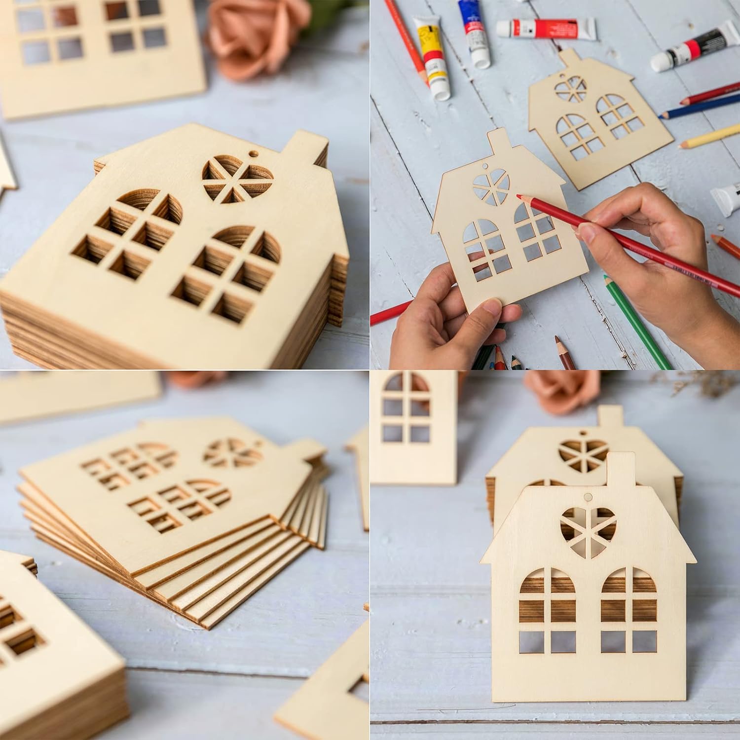 Collage of wooden house-shaped cutouts with painting supplies on a light blue background