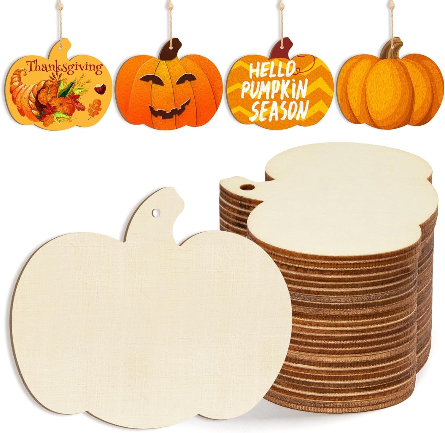 Wooden pumpkin-shaped cutouts with decorative pumpkins and text on a white background