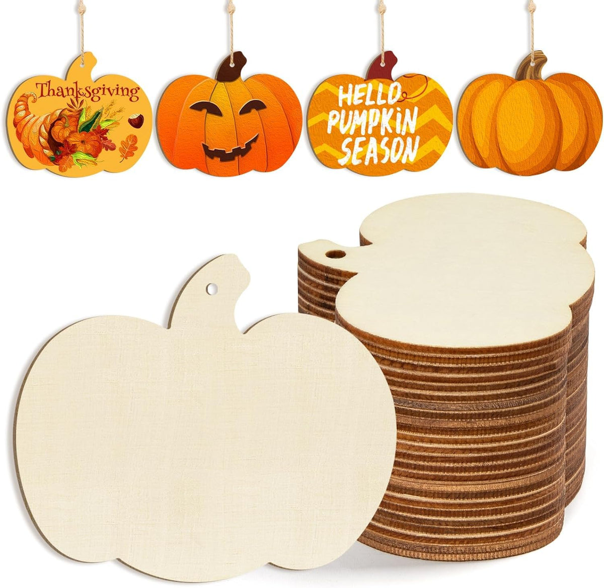 Wooden pumpkin-shaped cutouts with decorative pumpkins and text on a white background
