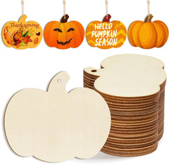 Wooden pumpkin-shaped cutouts with decorative pumpkins and text on a white background
