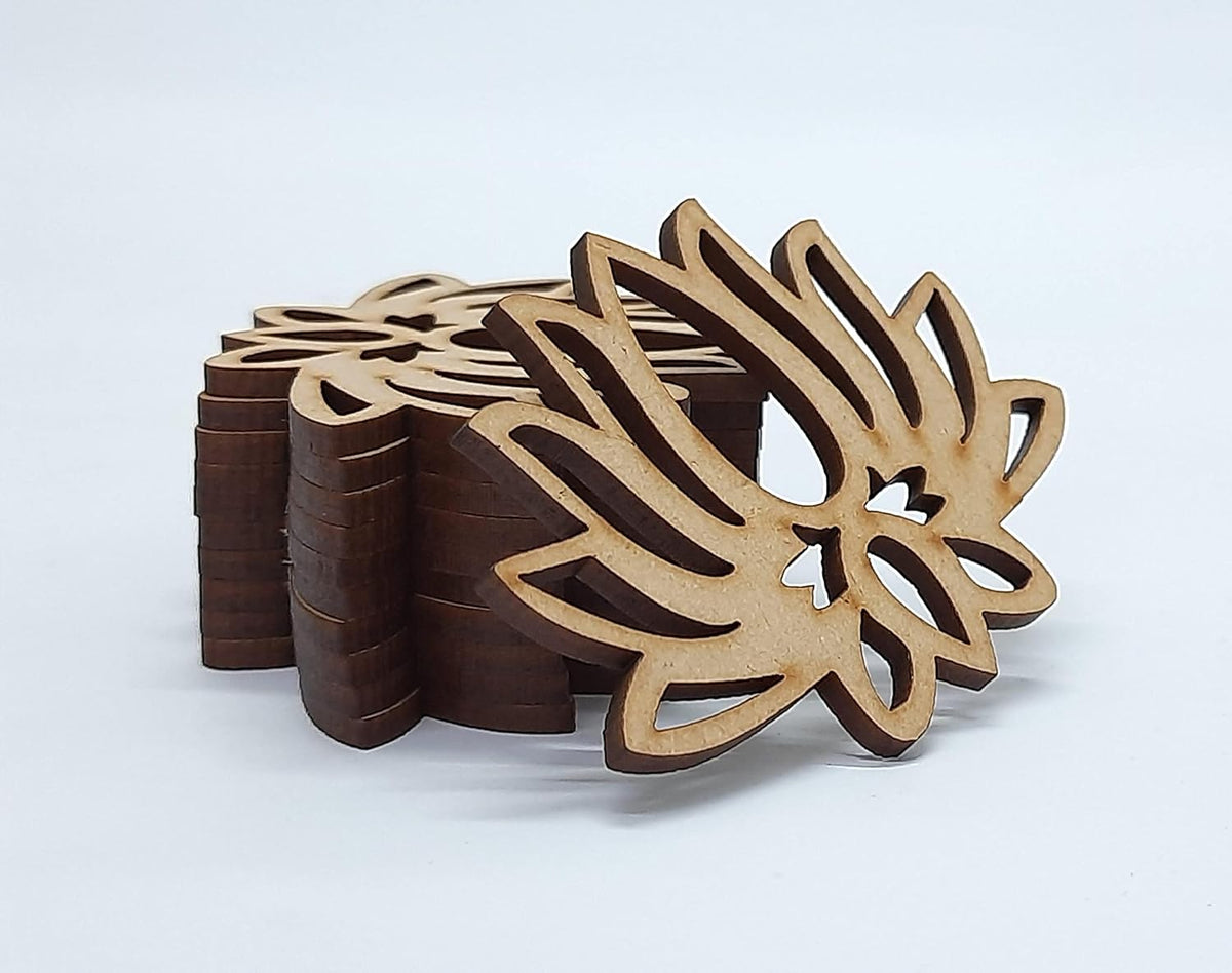 Stack of wooden coasters with a geometric design on a light gray background