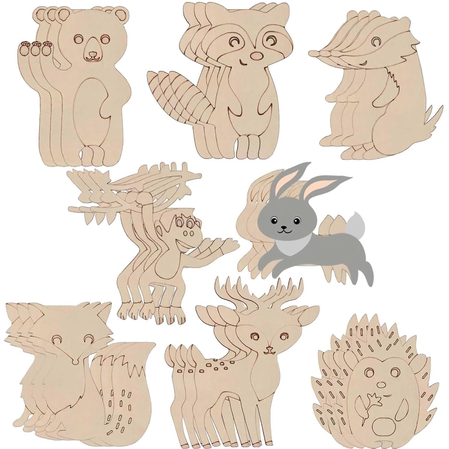 Set of wooden animal cutouts on a white background