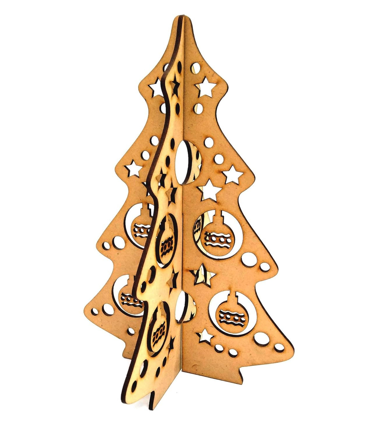 Wooden Christmas tree decoration with cut-out designs on a white background
