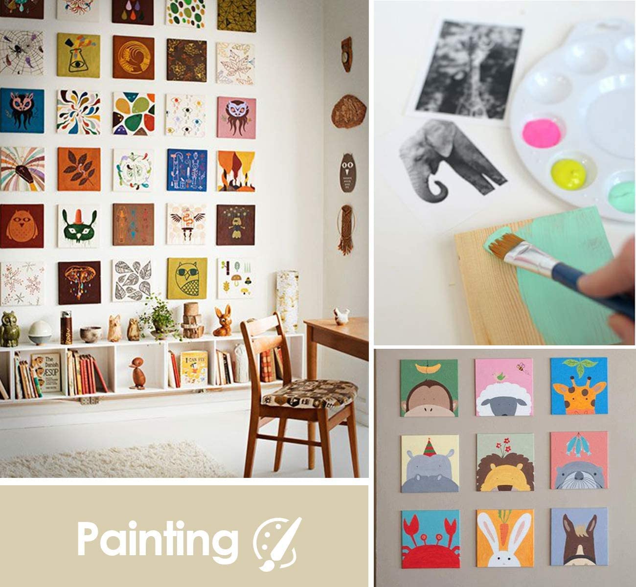 Collage of a room with wall art, a painting activity, and a close-up of painted cards.