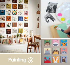 Collage of a room with wall art, a painting activity, and a close-up of painted cards.