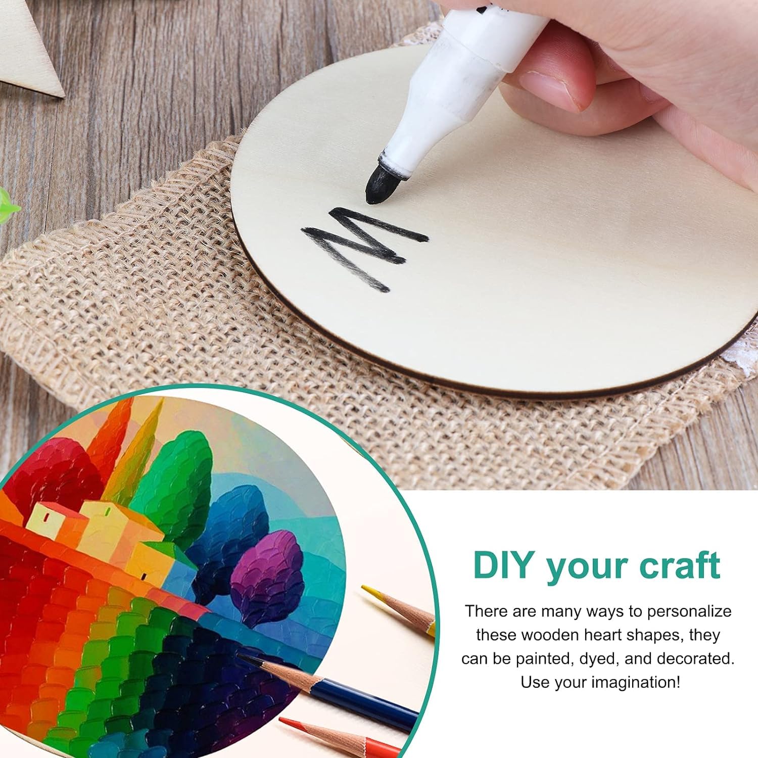 Hand holding a marker over a wooden heart shape with a colorful paint swatch and text promoting DIY craft ideas.
