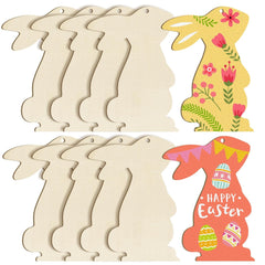 Set of Easter-themed wooden bunny cutouts with decorative designs on a white background.