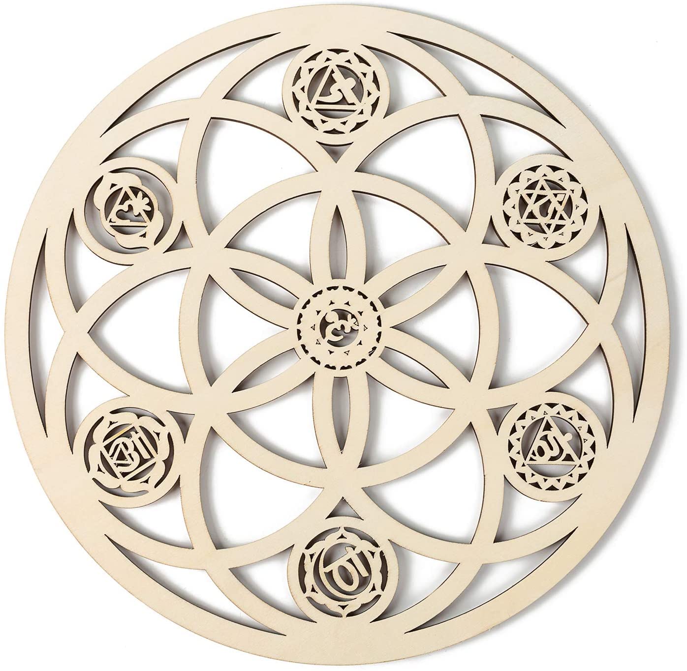 Wooden geometric wall art with circular patterns on a white background