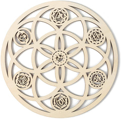 Wooden geometric wall art with circular patterns on a white background