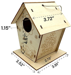 Wooden birdhouse with measurements on a white background