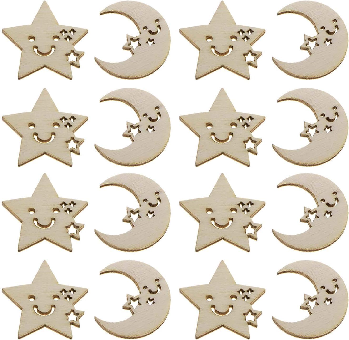 Set of wooden moon, star, and smiley face decorations on a white background