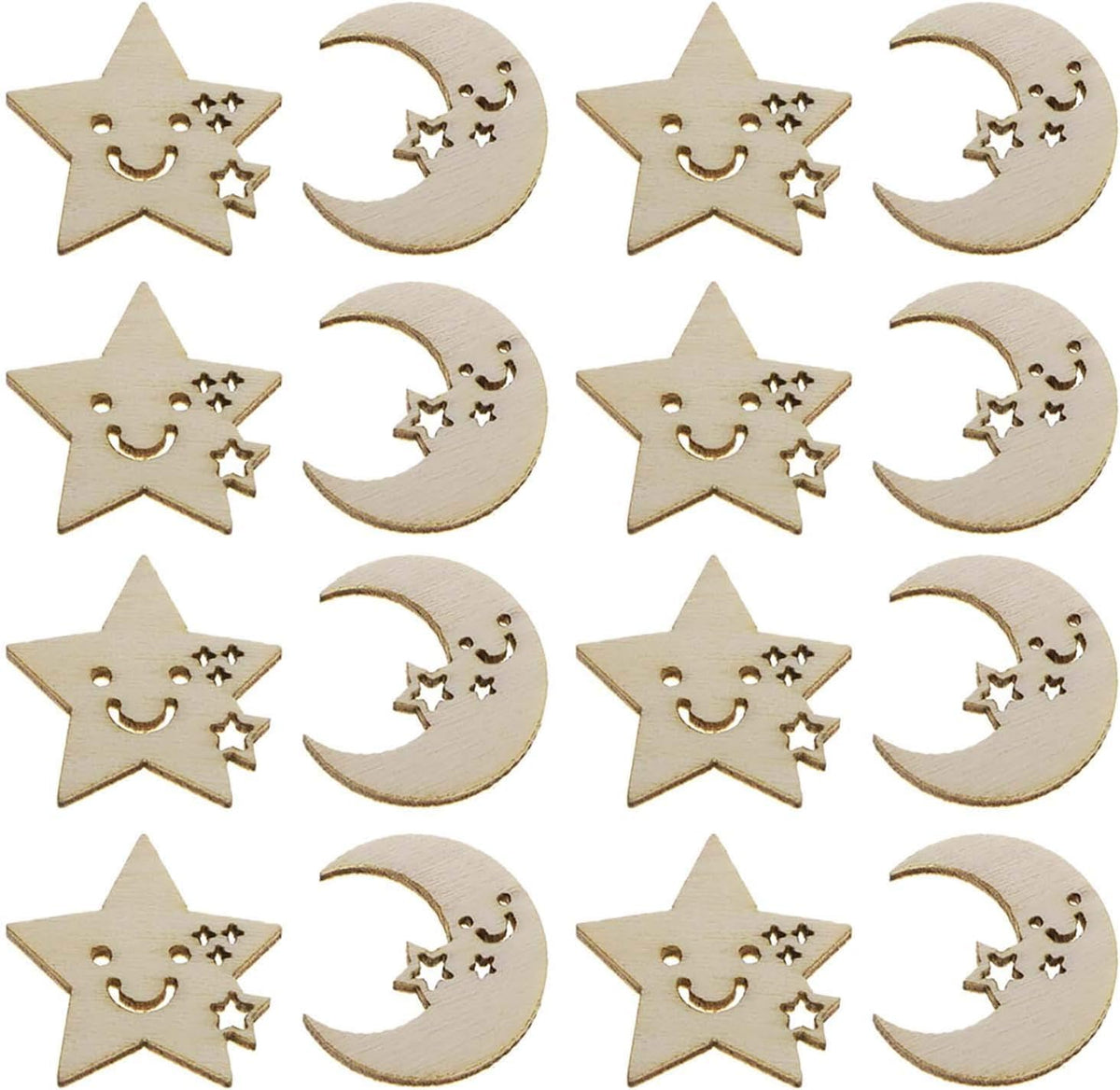 Set of wooden moon, star, and smiley face decorations on a white background