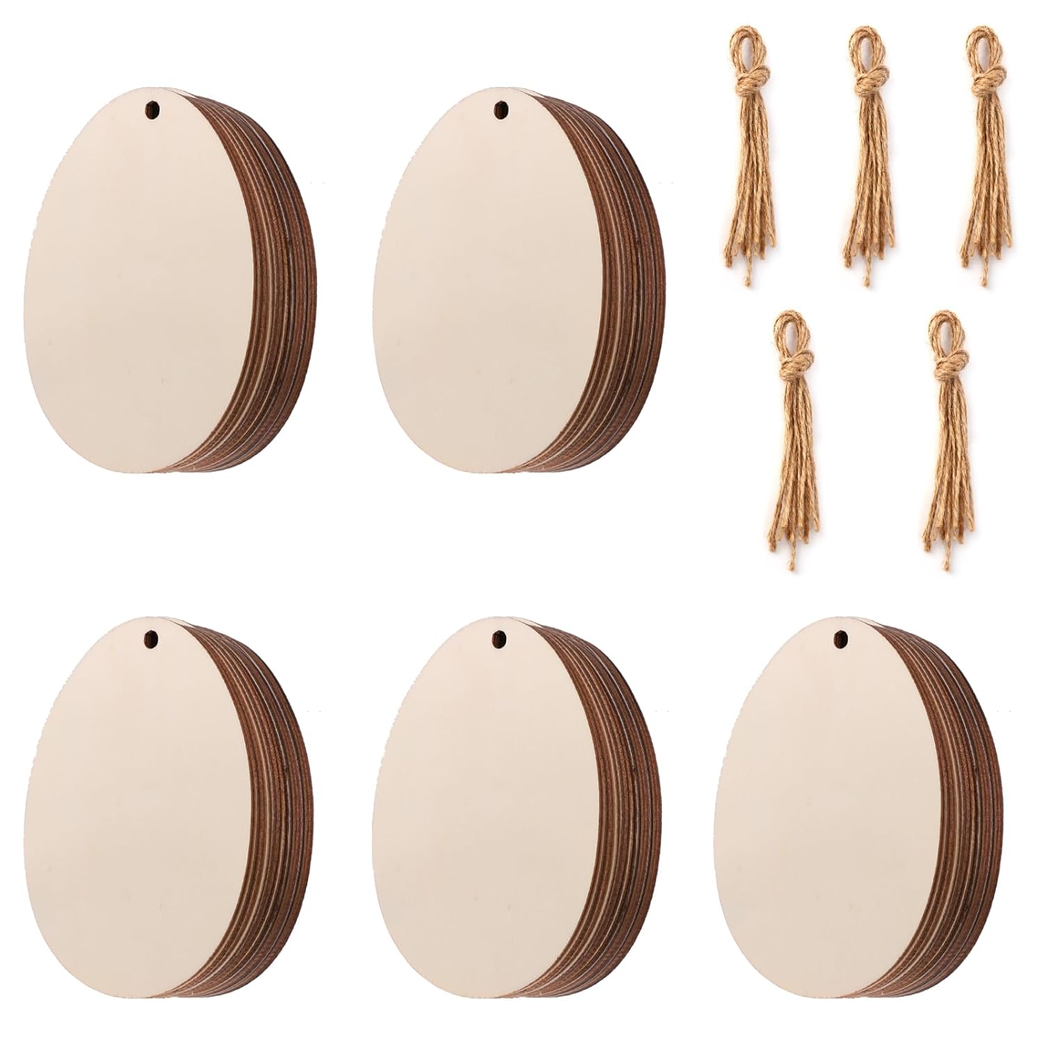 Set of wooden tags with twine on a white background