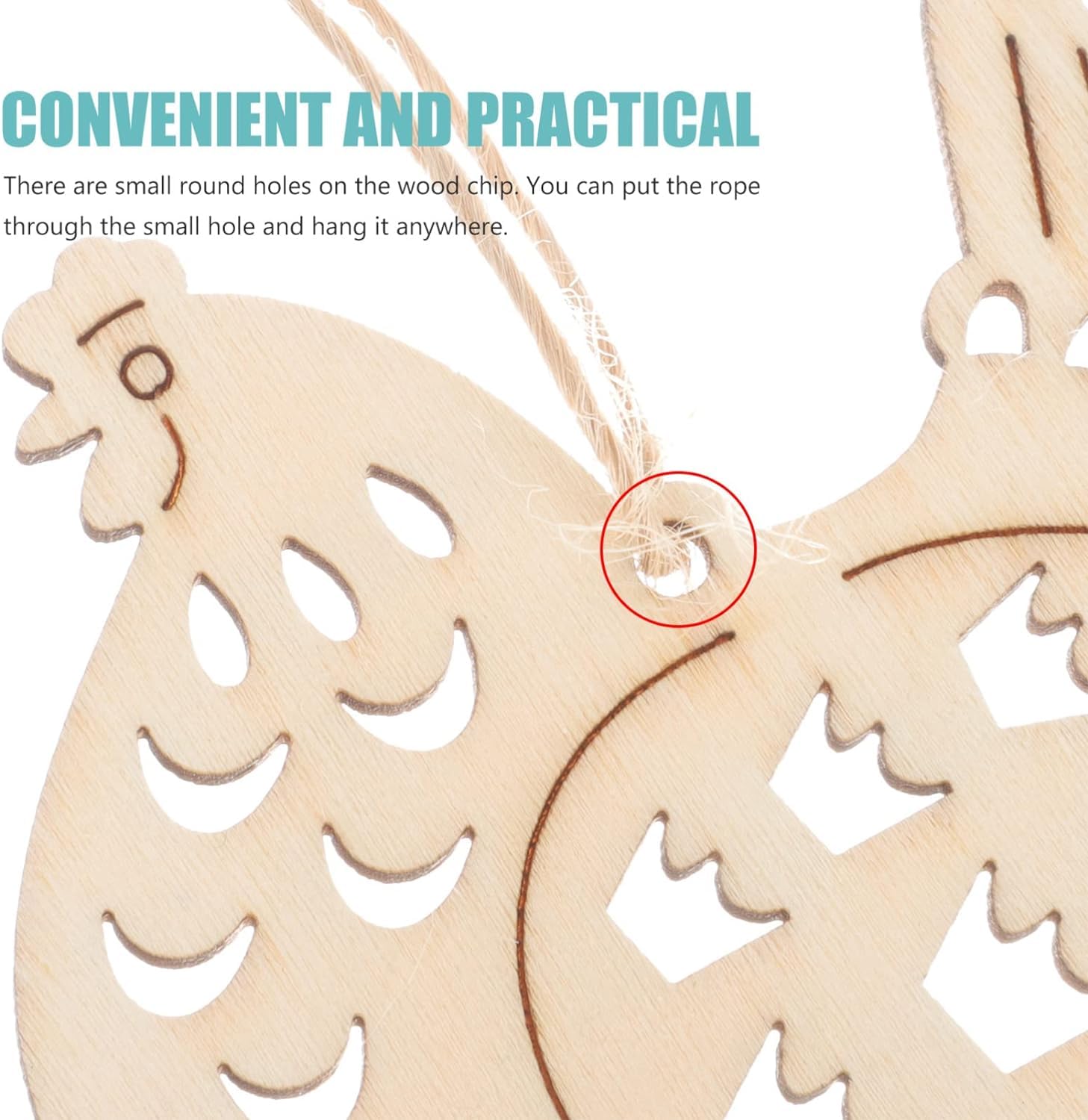 Wooden rooster decoration with rope for hanging, featuring small round holes.