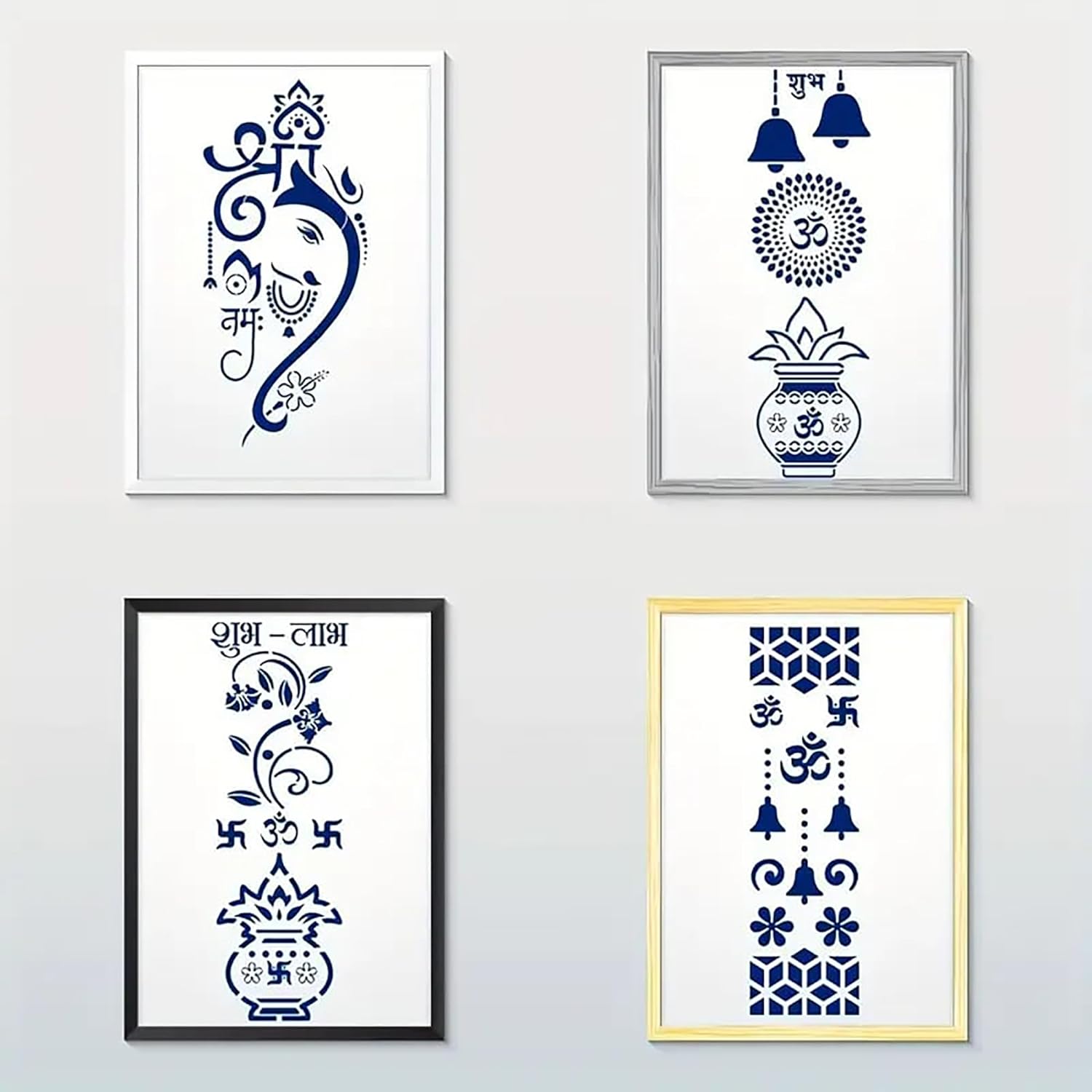 Four framed artworks with blue and white designs on a light gray background