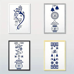 Four framed artworks with blue and white designs on a light gray background