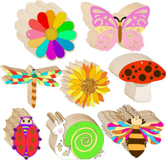 Set of colorful wooden craft shapes including a flower, butterfly, dragonfly, sunflower, mushroom, ladybug, snail, and bee on a white background.