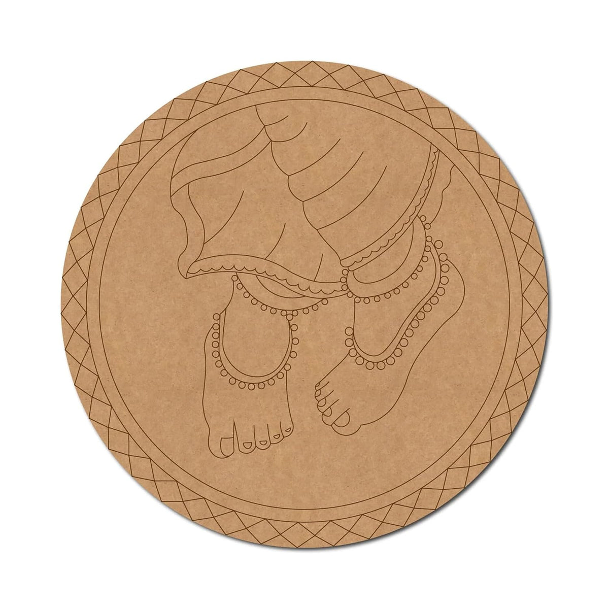Round cardboard cutout of a foot with jewelry on a white background