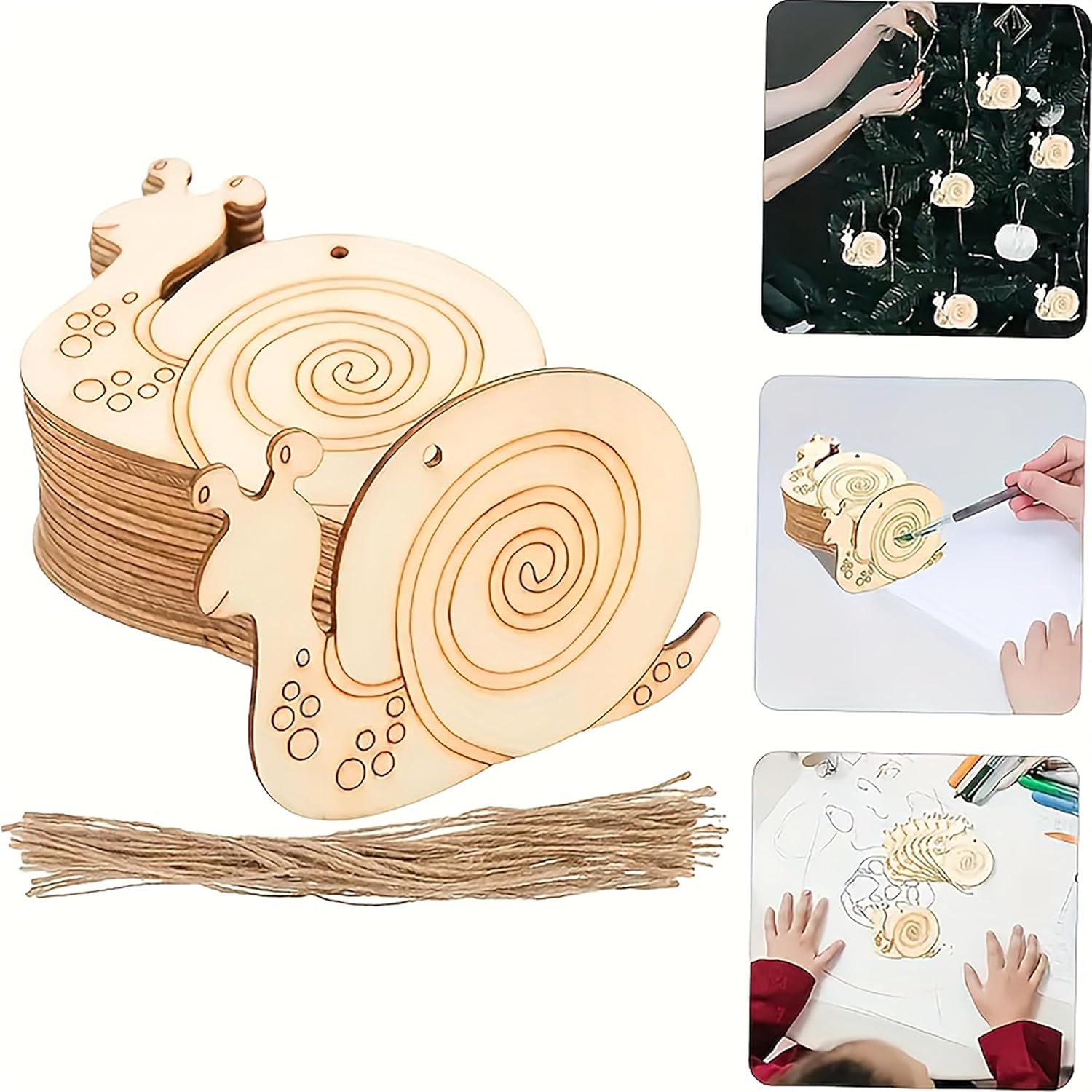 Wooden snail ornament kit with assembly instructions and decorative use examples.