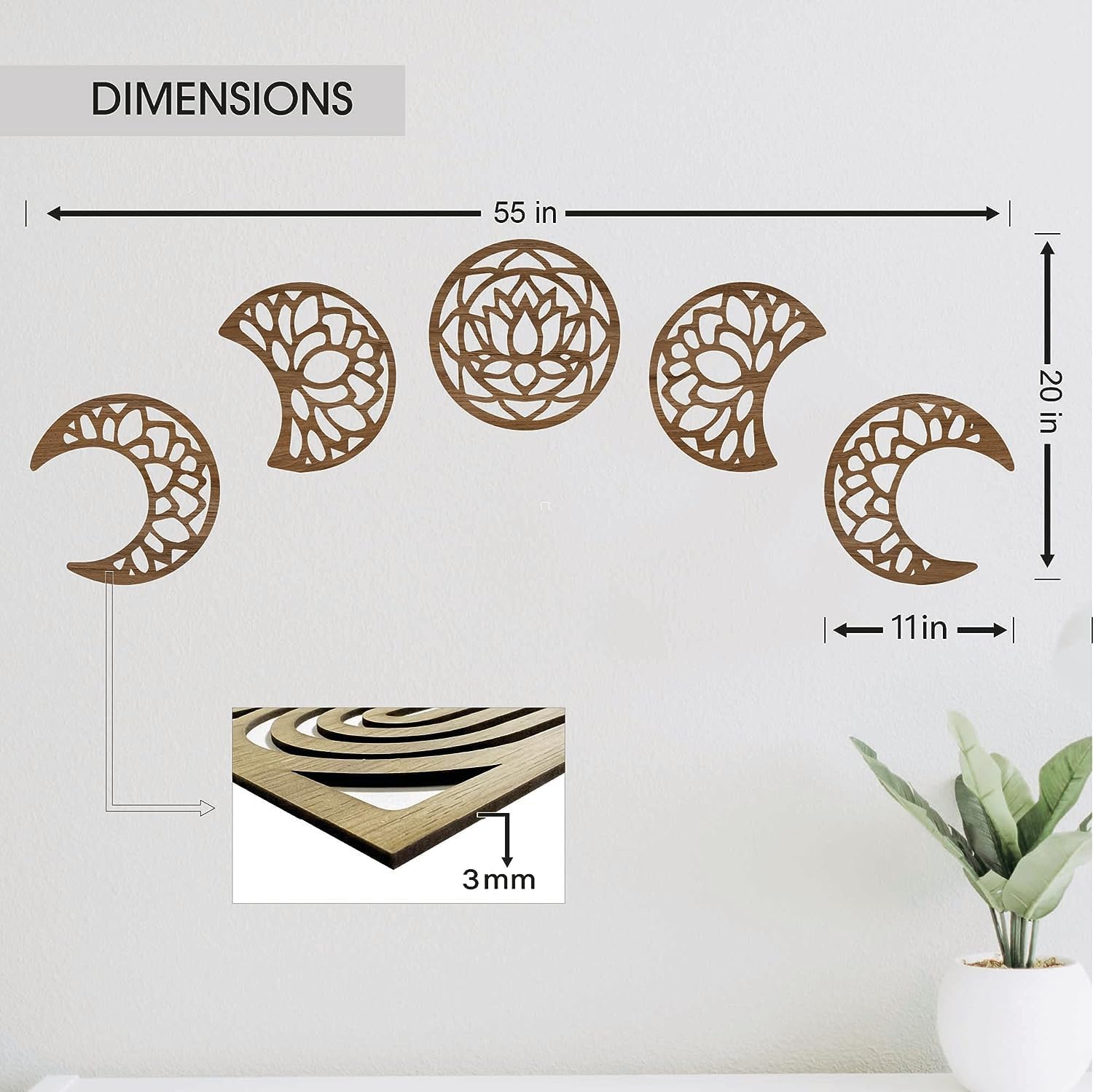 Wooden wall art pieces with dimensions labeled on a white background