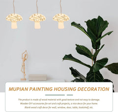 Decorative wooden mushroom lights hanging above a plant and small statue on a light gray background.