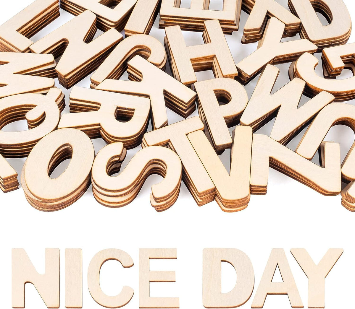 Wooden letters spelling 'NICE DAY' on a white background