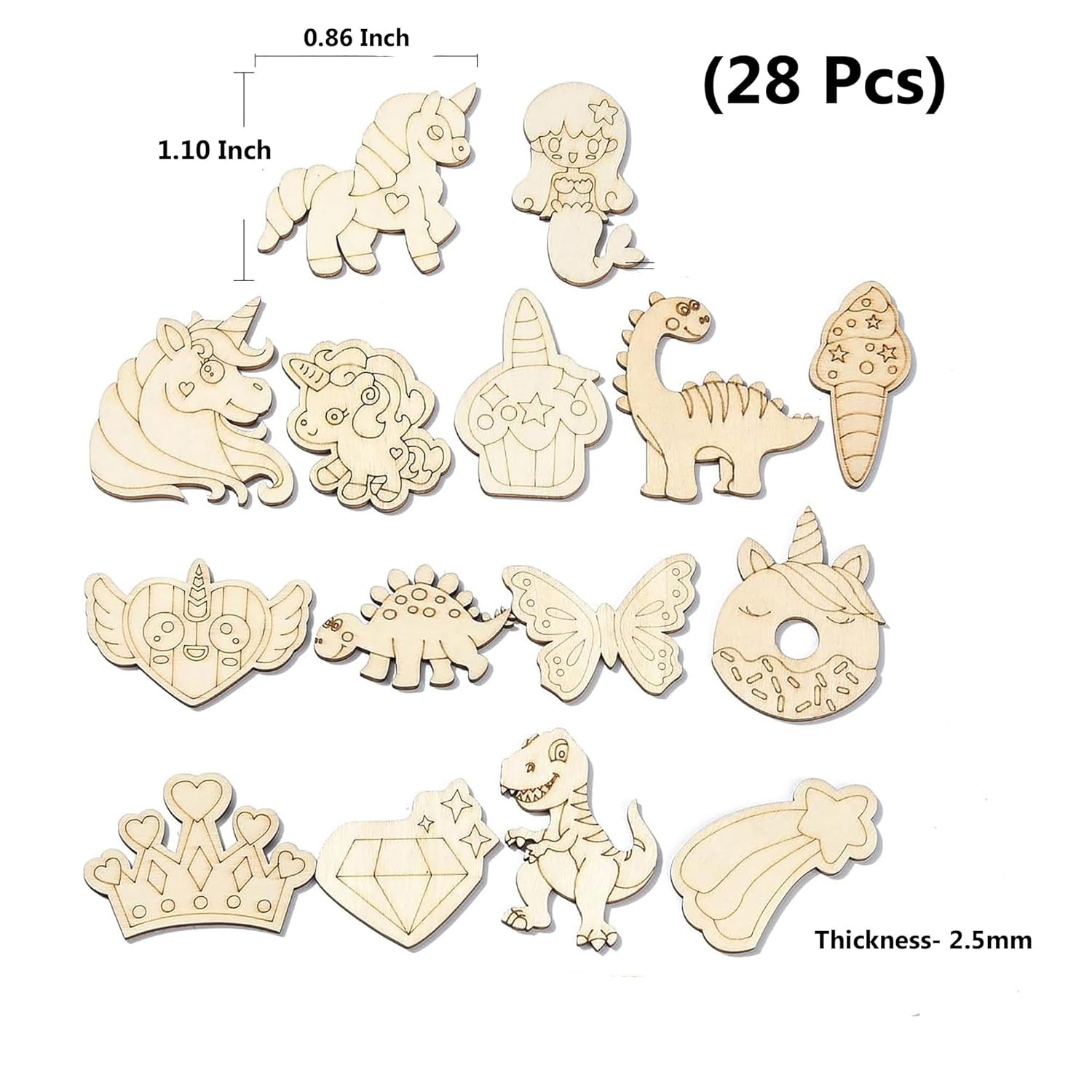 Set of 28 wooden animal and fantasy-themed cutouts with measurements on a white background