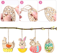 Set of Easter-themed wooden decorations including a chicken, rabbit, and egg designs.