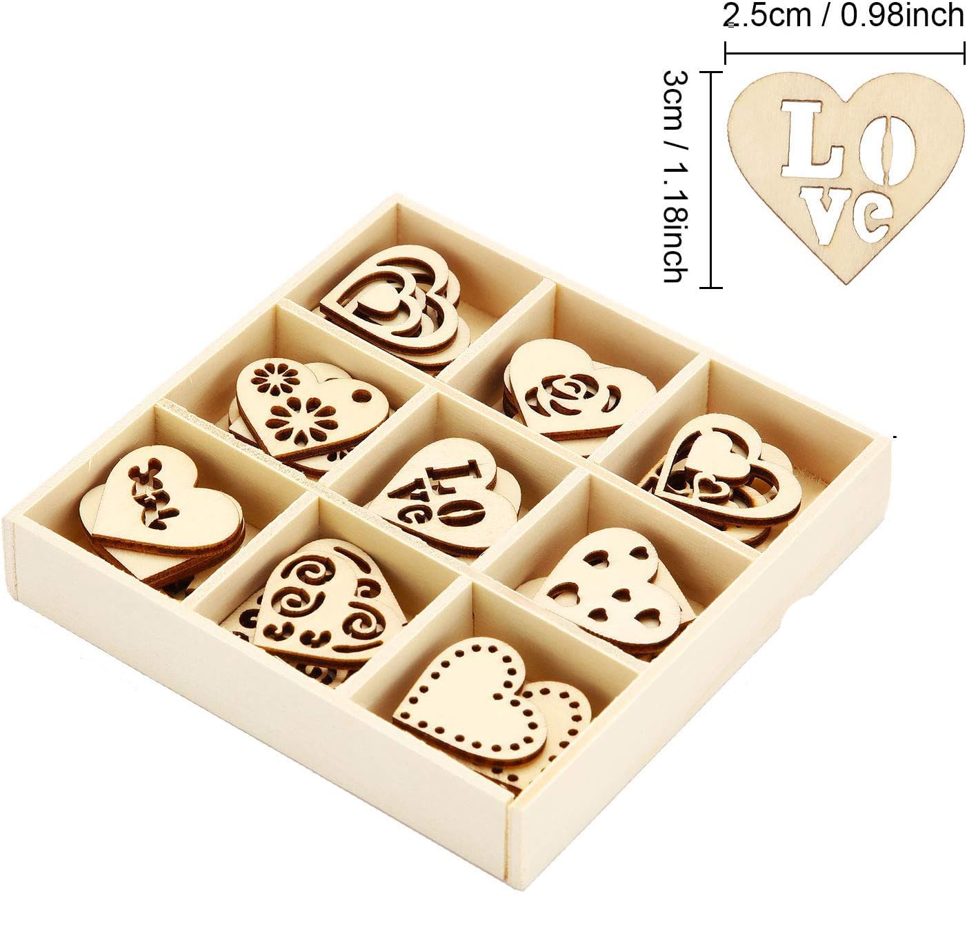 Wooden heart-shaped cutouts in a box with measurements and a 'LOVE' heart.