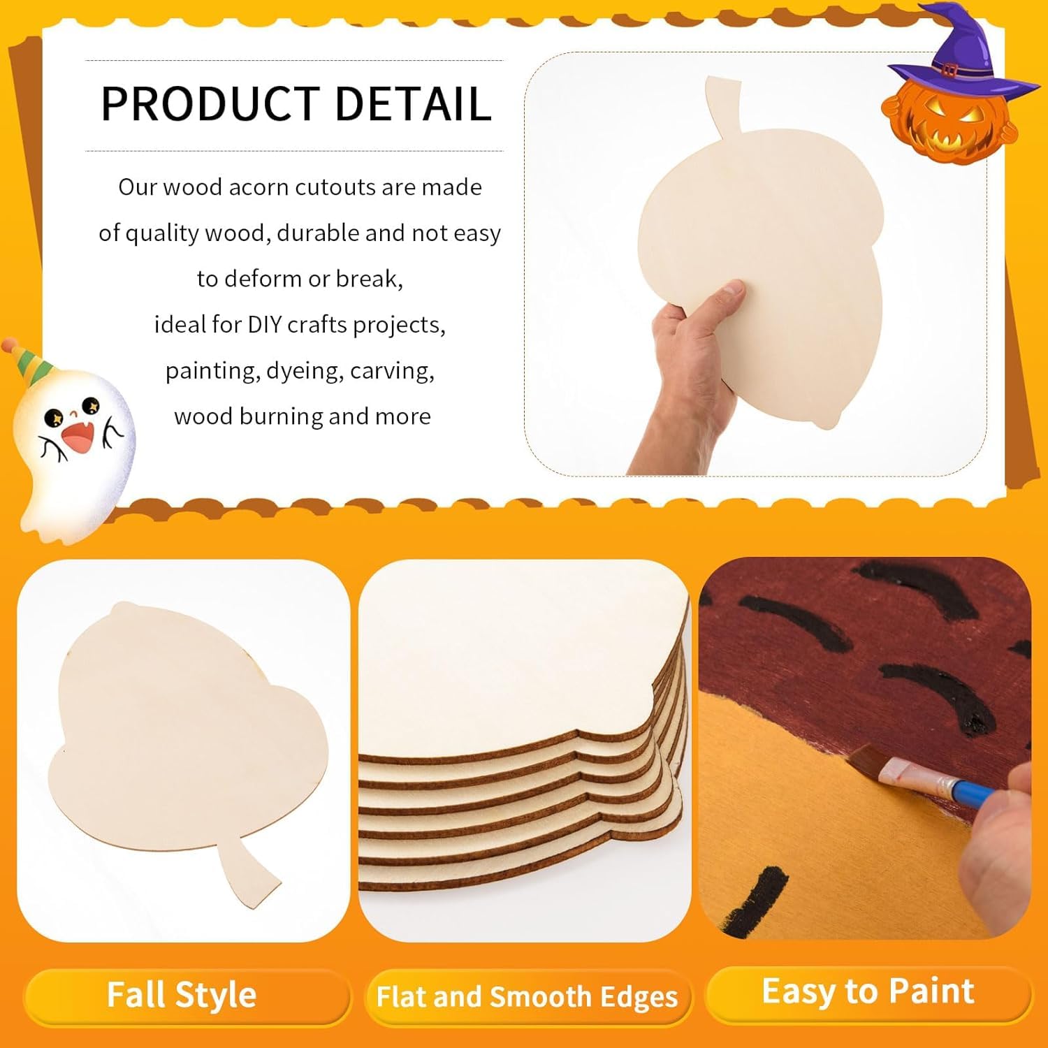 Wooden acorn cutouts with text on a Halloween-themed background