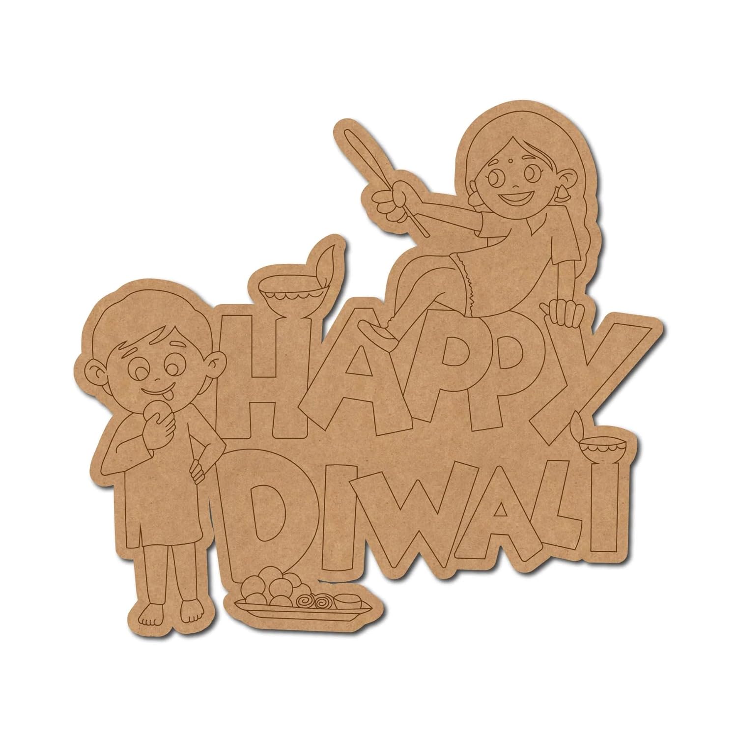 Cardboard cutout with 'Happy Diwali' text and illustrations of children and Diwali elements on a white background.