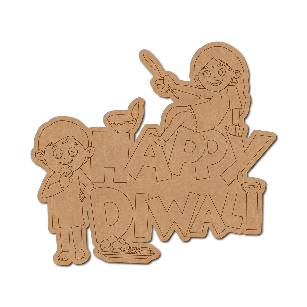 Cardboard cutout with 'Happy Diwali' text and illustrations of children and Diwali elements on a white background.