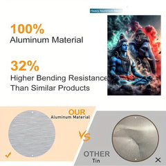 Product comparison chart highlighting aluminum material and bending resistance with images of deities and metal samples.