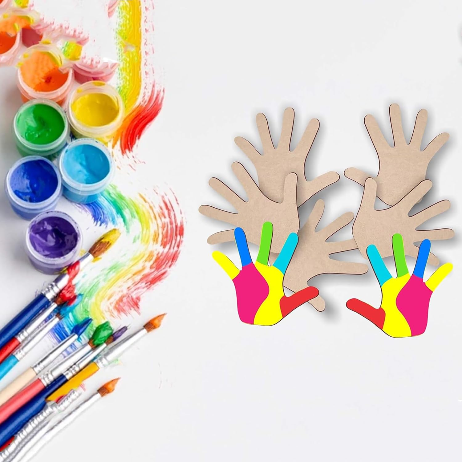 Colorful handprints made with paint and brushes on a white background