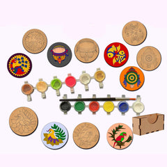 Set of wooden coasters with colorful designs, paintbrush, and paint palette on a white background