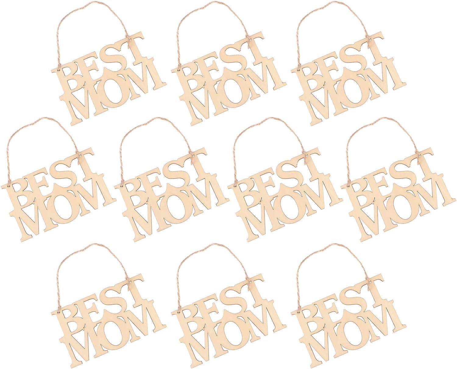Multiple wooden 'Best Mom' signs hanging against a white background