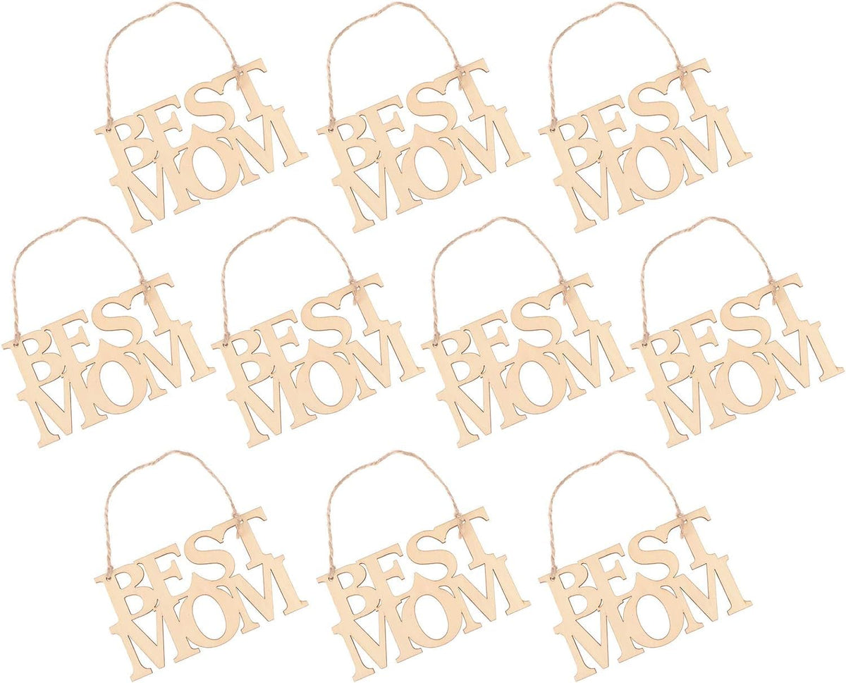 Multiple wooden 'Best Mom' signs hanging against a white background