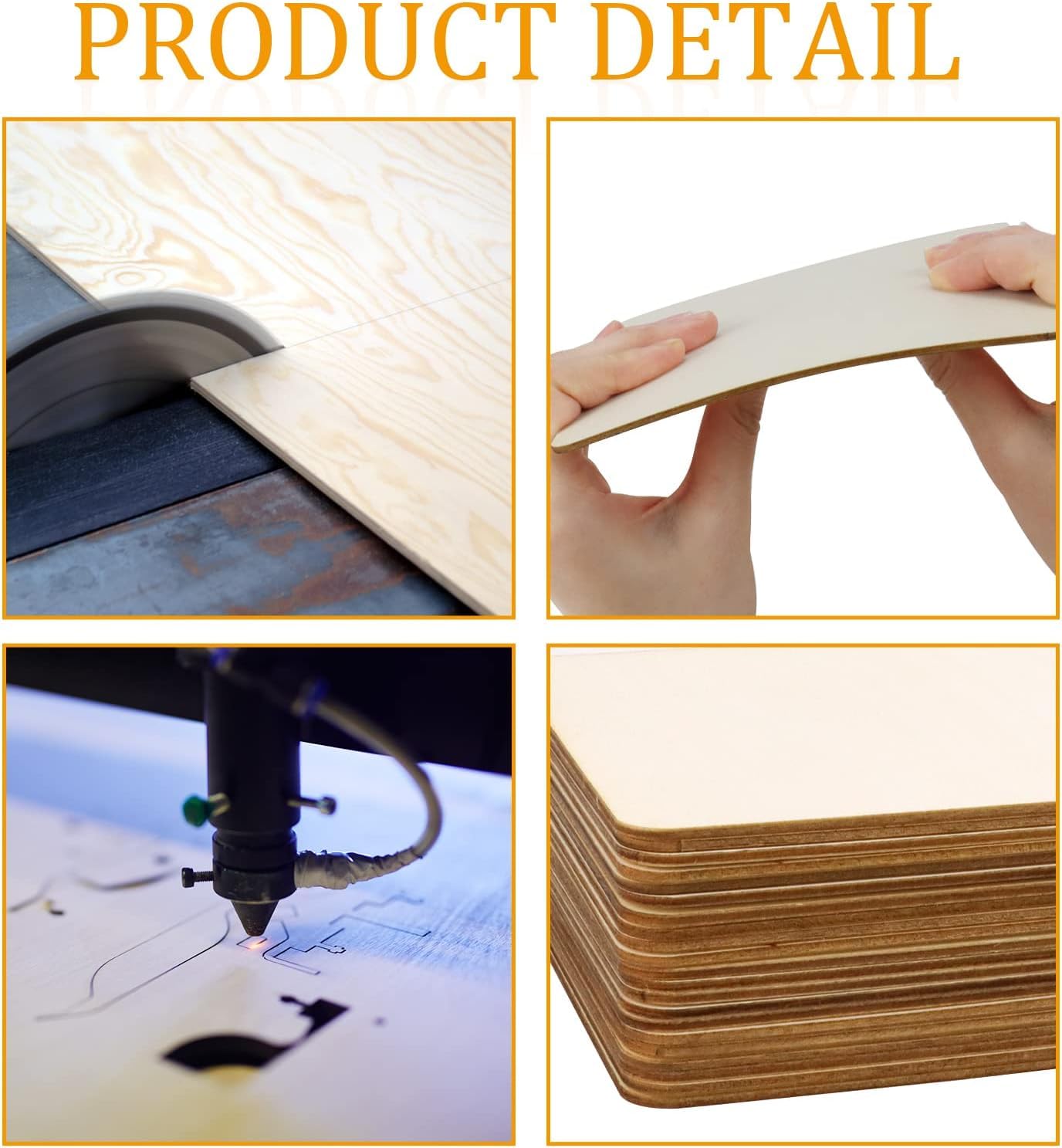 Product detail images including a machine cutting wood, hands holding a piece of wood, a CNC machine, and stacked wooden panels.