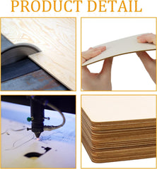 Product detail images including a machine cutting wood, hands holding a piece of wood, a CNC machine, and stacked wooden panels.