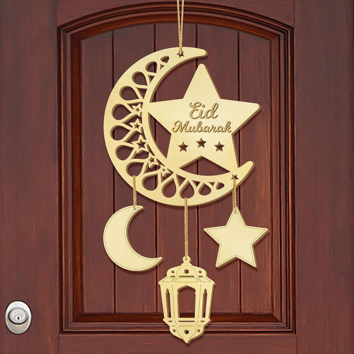 Cliths Eid Mubarak Wooden Door Sign Ramadan Decor Moon & Lantern Islamic Wall Hanging Hollow Home Decor