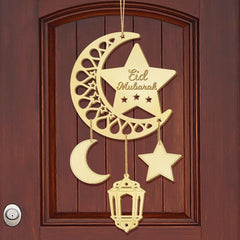 Cliths Eid Mubarak Wooden Door Sign Ramadan Decor Moon & Lantern Islamic Wall Hanging Hollow Home Decor