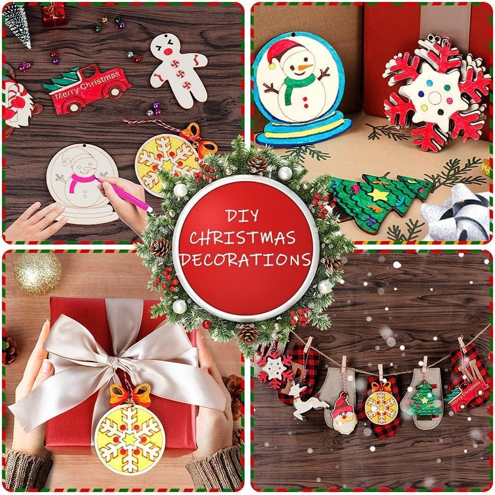 Collage of DIY Christmas decorations including ornaments, wreath, and gift wrapping.