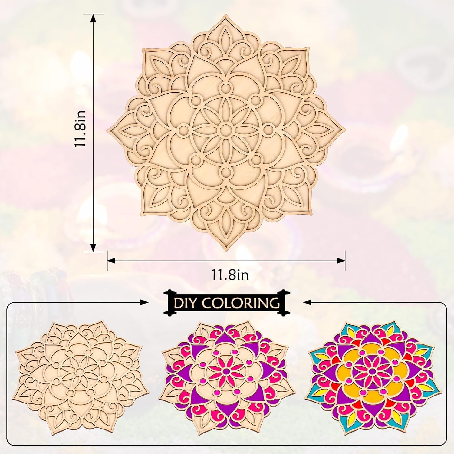 Decorative mandala design with measurements and color options on a light background